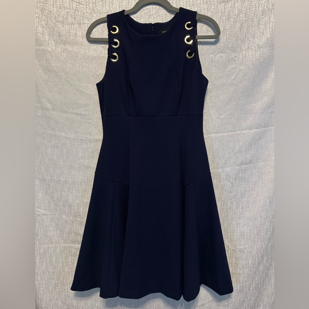 Ivanka Trump Dress Womens 2 Navy Blue Fit & Flare Knee Length Silver Grommets